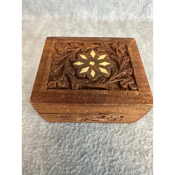 Other - Hand Carved Wooden Jewelry Box Trinket Keepsake Small Box Primitive Rustic India